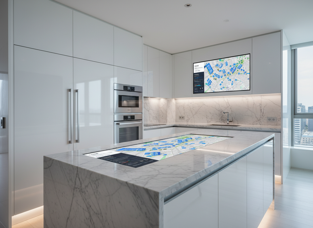 An ultra-modern apartment kitchen that looks like it belongs in a luxury hotel suite, with glossy white cabinetry, integrated stainless-steel appliances, and a large stone island. On the island, a large wall-mounted tablet interface is mirrored on a slim countertop screen, both displaying a map of Seoul with highlighted apartment buildings and filter options for 전월세 prices. Soft, cool-toned LED under-cabinet lights mix with gentle daylight from a nearby window, creating balanced, professional illumination. Photographic realism, shot from a three-quarter angle, sharp focus across the space. The mood is sophisticated and data-driven, visually emphasizing the precision and clarity of monthly rental information within a clean, high-end living environment.