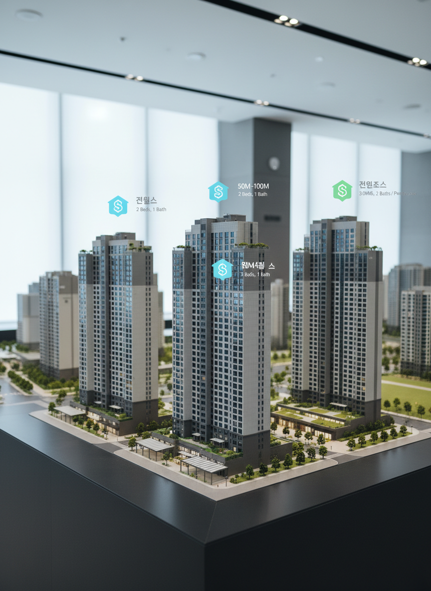 A bird’s-eye view of a detailed miniature cityscape model focused on clusters of modern apartment towers, each building rendered with smooth glass facades and subtle hotel-like details such as canopy entrances and rooftop gardens. Small, glowing icons hover above select buildings, indicating curated 전월세 options, with tiny floating labels for price ranges and key features. The model rests on a dark matte display table in a clean, minimalist showroom. Cool, diffused overhead lighting highlights the contours of the buildings without harsh shadows. Photographic realism with shallow depth of field, keeping the central apartment cluster in sharp focus while the outer city softly blurs. The atmosphere is analytical yet inviting, suggesting smart, one-click discovery of premium rental apartments.