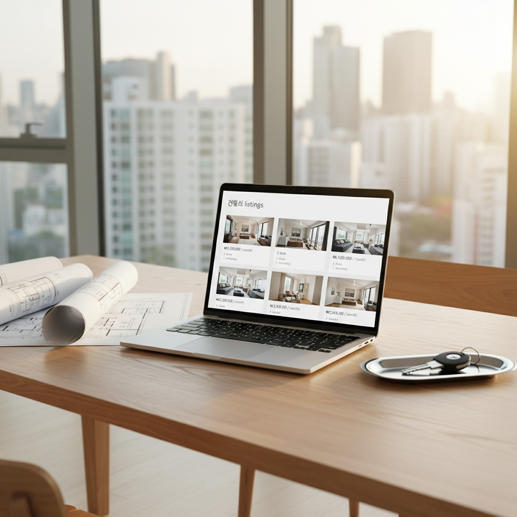 A sleek laptop open on a pale wood dining table in a modern apartment that resembles a boutique hotel suite, the screen displaying a neatly organized dashboard of 전월세 listings, each card showing photos, prices, and key amenities. Surrounding the laptop are printed floor plans and a small, chrome key tray with a single apartment key. Through the large window, a blurred city skyline and high-rise apartments bathed in soft late-afternoon light. Warm, diffused natural lighting creates subtle reflections on the laptop’s metallic surface. Photographic realism, slightly elevated angle with shallow depth of field, keeping the laptop screen in crisp focus. The atmosphere is efficient and professional, evoking the ease of finding hotel-like apartments with one click.