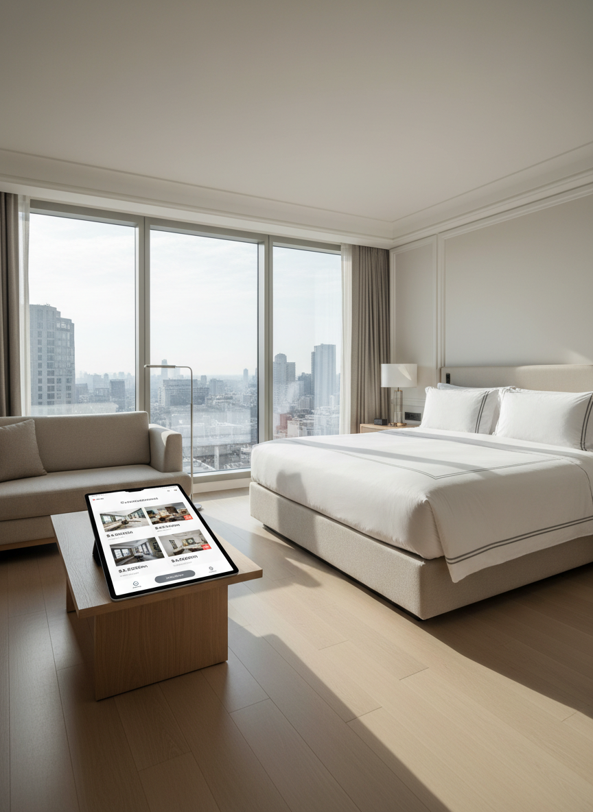 A bright, luxurious apartment living room styled like a high-end hotel suite, featuring a neatly made king-size bed integrated into the open space, crisp white bedding with subtle gray piping, and a low modern sofa against a floor-to-ceiling window. A large digital tablet lies on a minimalist oak coffee table, its screen showing a clean interface of rental listings with clear price tags and icons. Soft morning daylight pours in, reflecting off polished wood floors and a brushed-metal floor lamp, casting gentle shadows. Photographic realism, shot at eye level with a wide lens, sharp focus throughout. The mood is professional yet welcoming, suggesting premium monthly rental information accessible with a single click, in a clean, modern aesthetic.