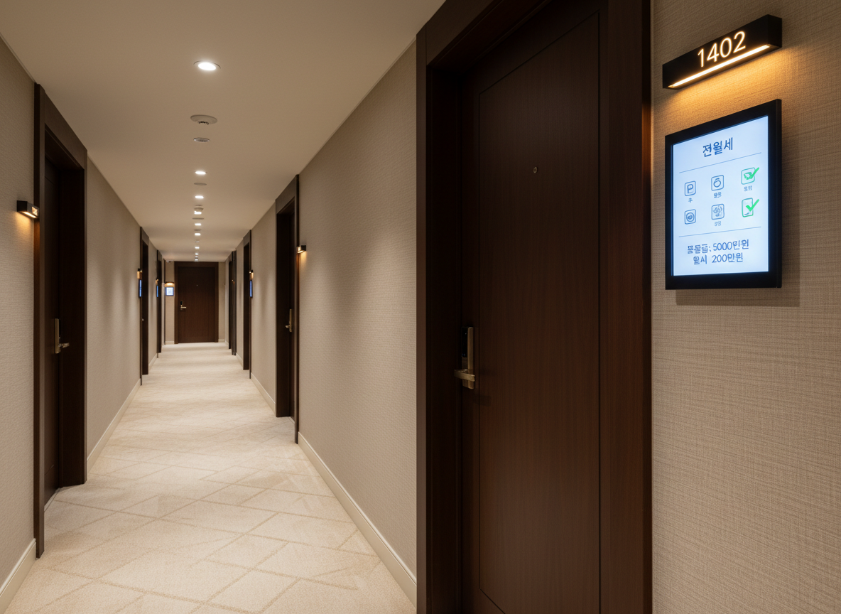 A corridor of a high-rise residential building designed to look like an upscale hotel hallway, with plush neutral-toned carpet, recessed downlights, and dark wood apartment doors each featuring sleek, illuminated unit numbers. One door has a small, wall-mounted digital display showing key 전월세 information and icons for amenities like parking, security, and appliances. The lighting is warm and even, creating a calm, trustworthy atmosphere. Photographic realism, captured from a low, slightly off-center angle, leading the eye down the corridor to a softly blurred vanishing point. The composition uses strong lines to convey structure and reliability, reinforcing professional, premium rental information in a hotel-like residential context.